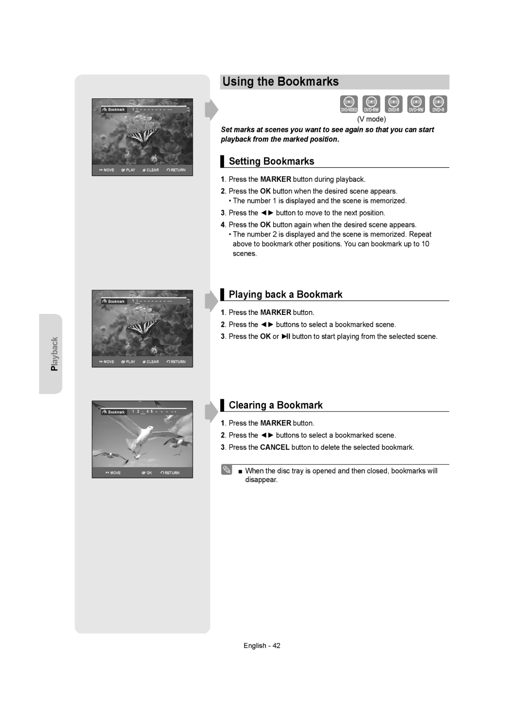 Samsung DVD-VR355/EUR, DVD-VR350/XEC Using the Bookmarks, Setting Bookmarks, Playing back a Bookmark, Clearing a Bookmark 