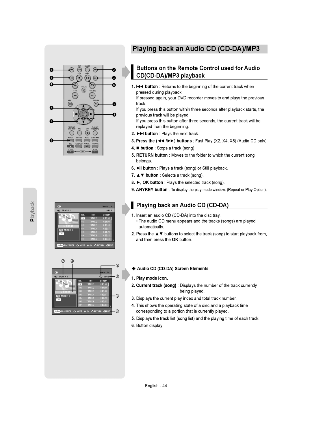 Samsung DVD-VR355/AUS, DVD-VR350/XEC Playing back an Audio CD CD-DA/MP3, ‹ Audio CD CD-DA Screen Elements Play mode icon 