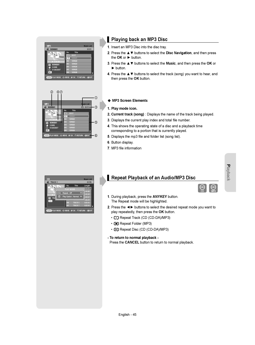 Samsung DVD-VR350/XEC manual Playing back an MP3 Disc, Repeat Playback of an Audio/MP3 Disc, To return to normal playback 