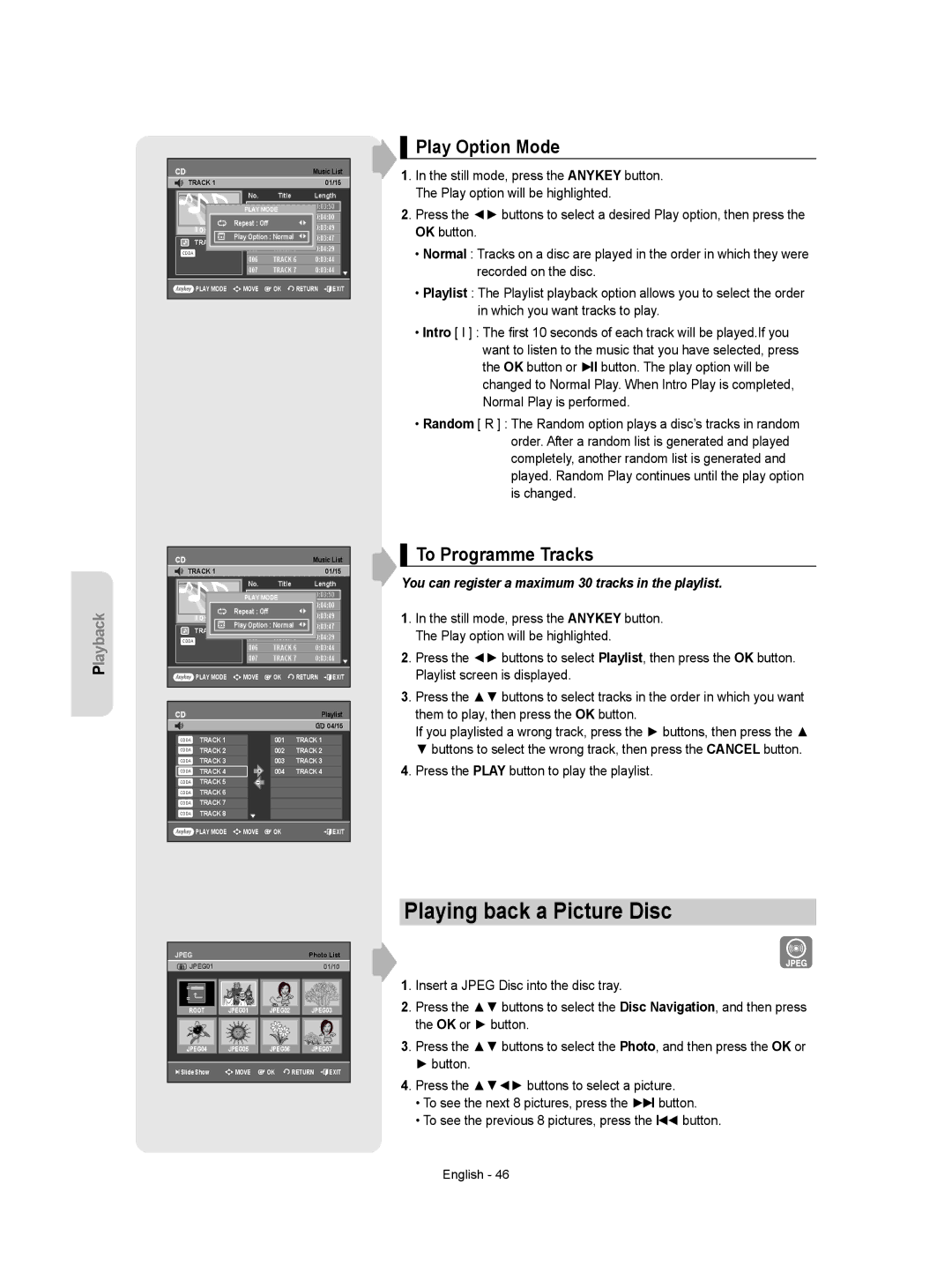 Samsung DVD-VR355/XEC, DVD-VR350/XEC, DVD-VR355/EUR manual Playing back a Picture Disc, Play Option Mode, To Programme Tracks 