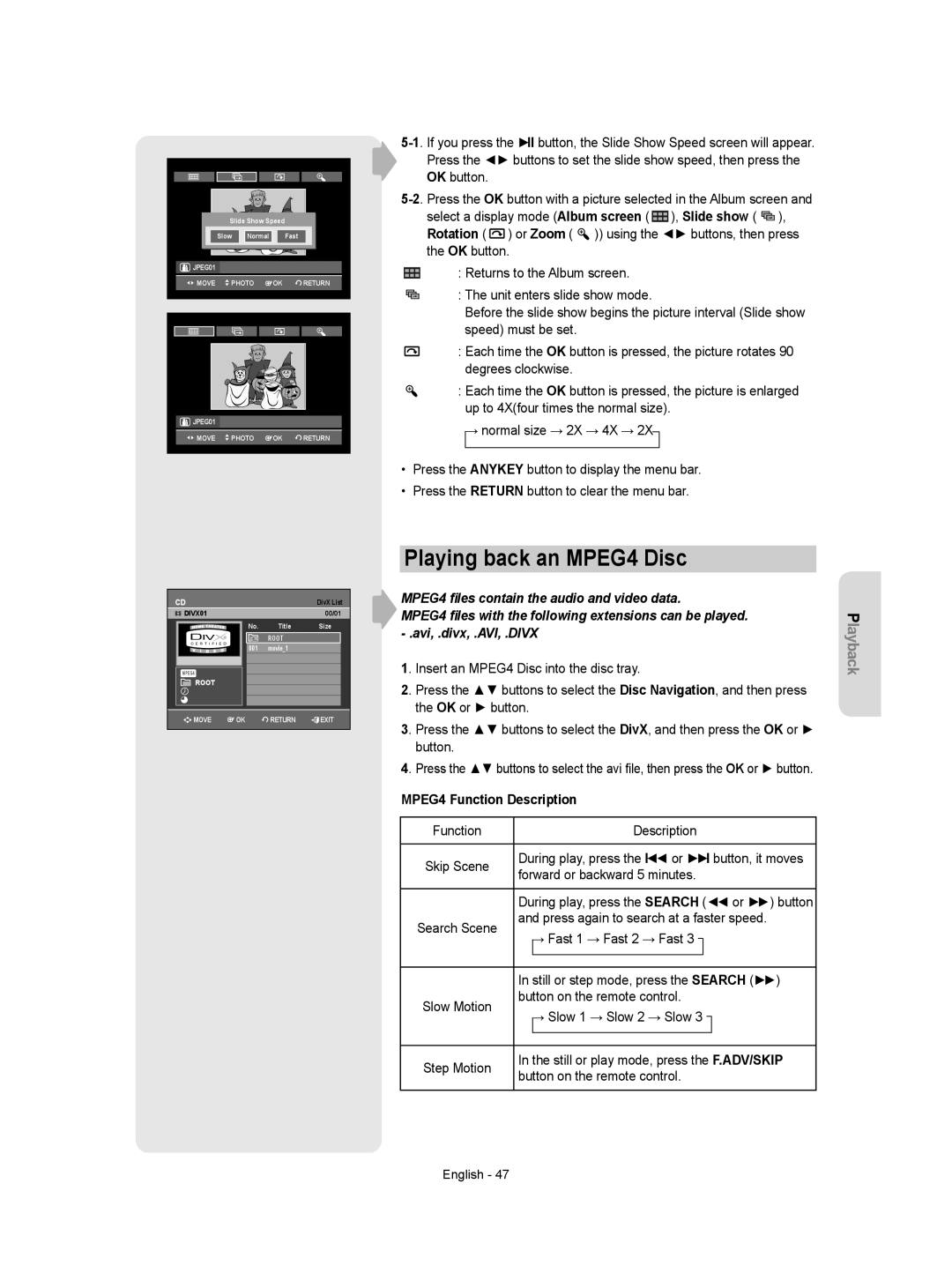 Samsung DVD-VR355/EUR manual Playing back an MPEG4 Disc, MPEG4 Function Description, Function Description Skip Scene 