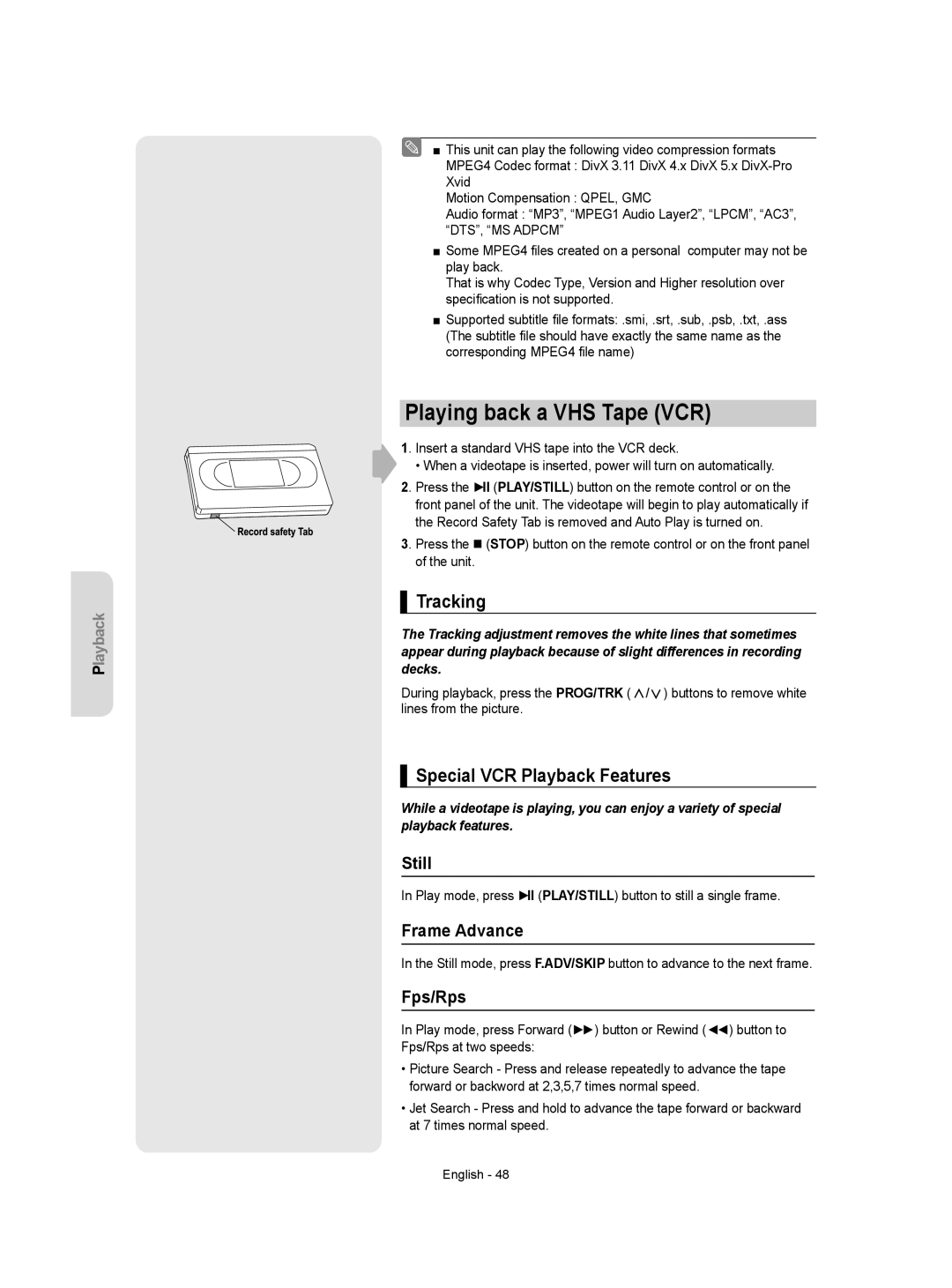 Samsung DVD-VR350/EUR, DVD-VR350/XEC, DVD-VR355/XEC Playing back a VHS Tape VCR, Tracking, Special VCR Playback Features 