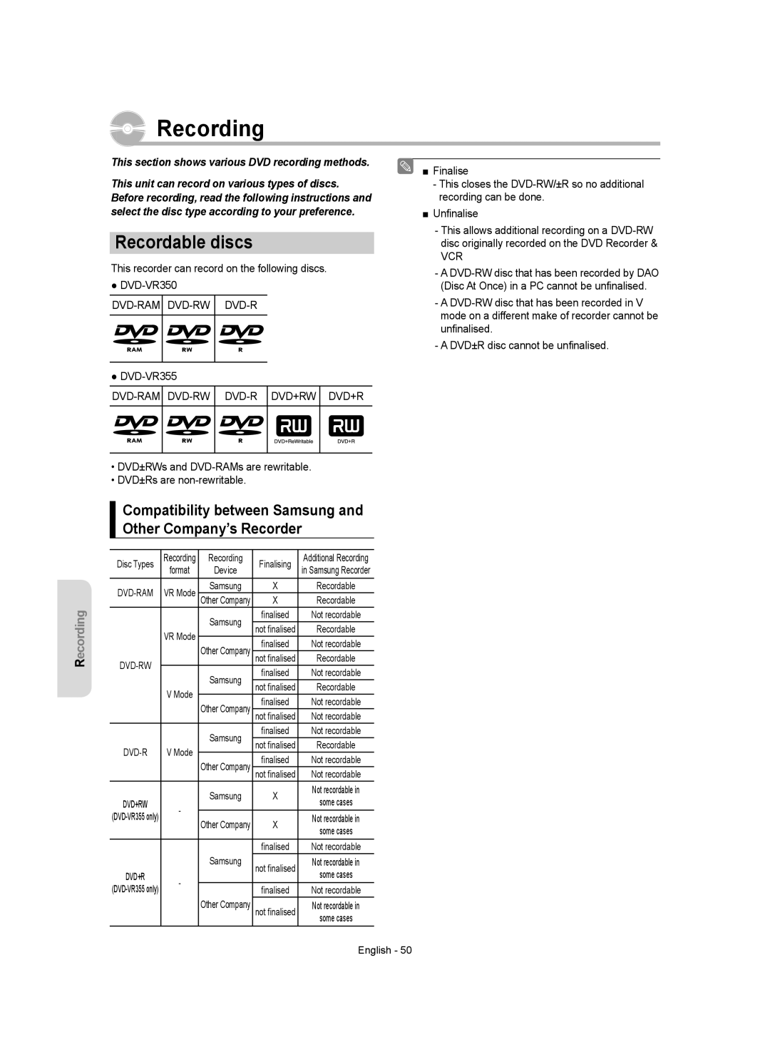 Samsung DVD-VR350/XEC manual Recording, Recordable discs, Compatibility between Samsung and Other Company’s Recorder 