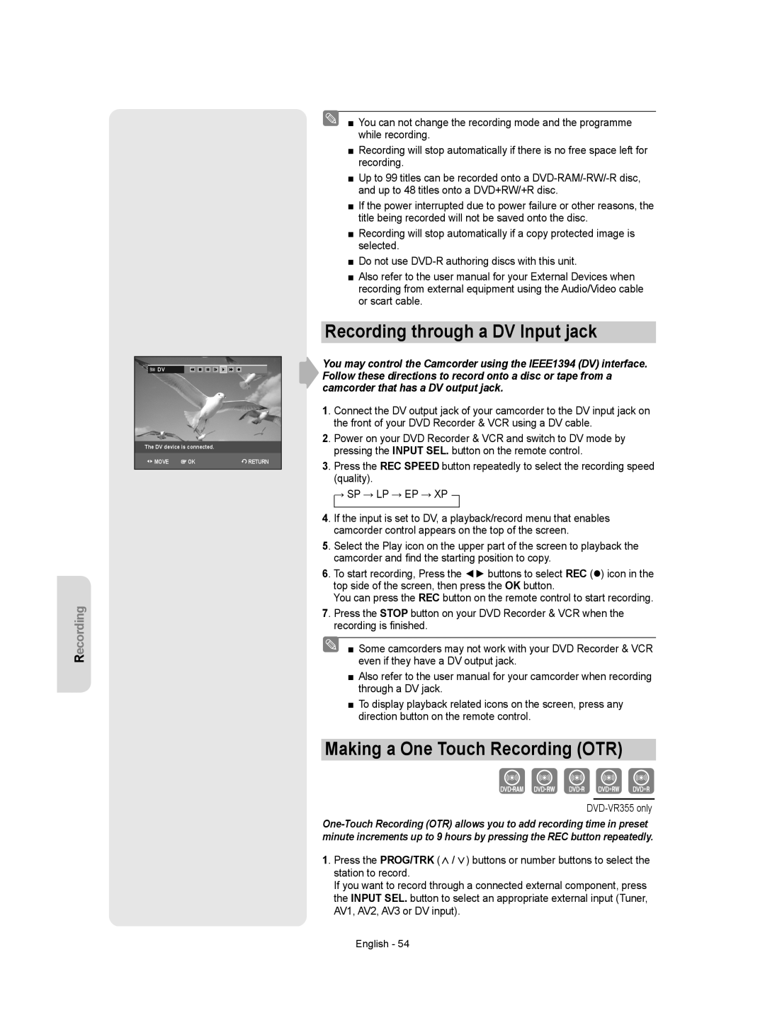 Samsung DVD-VR355/AUS, DVD-VR350/XEC, DVD-VR355/XEC Recording through a DV Input jack, Making a One Touch Recording OTR 