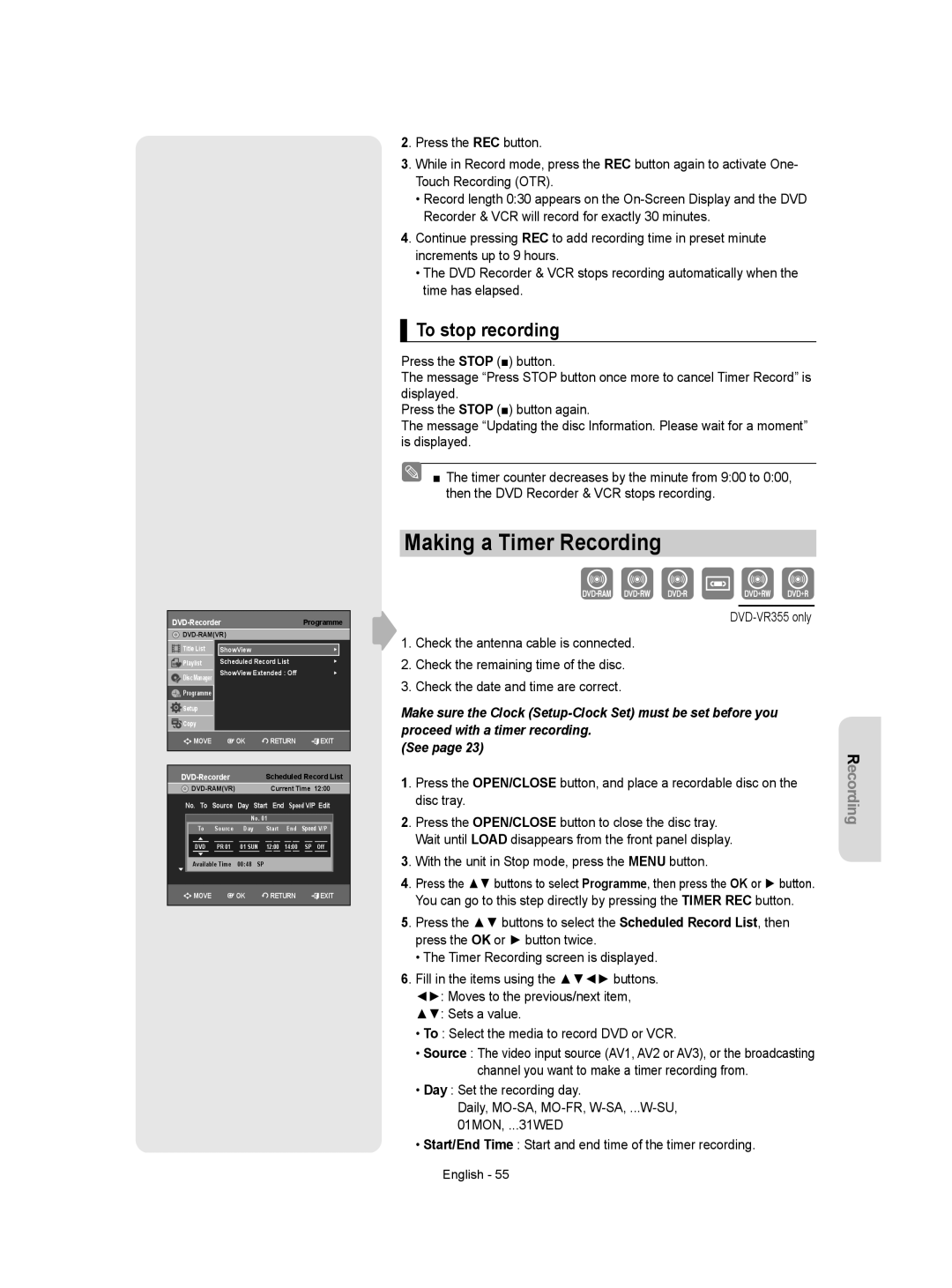 Samsung DVD-VR350/XEC, DVD-VR355/XEC, DVD-VR355/EUR, DVD-VR350/EUR, DVD-VR355/AUS Making a Timer Recording, To stop recording 