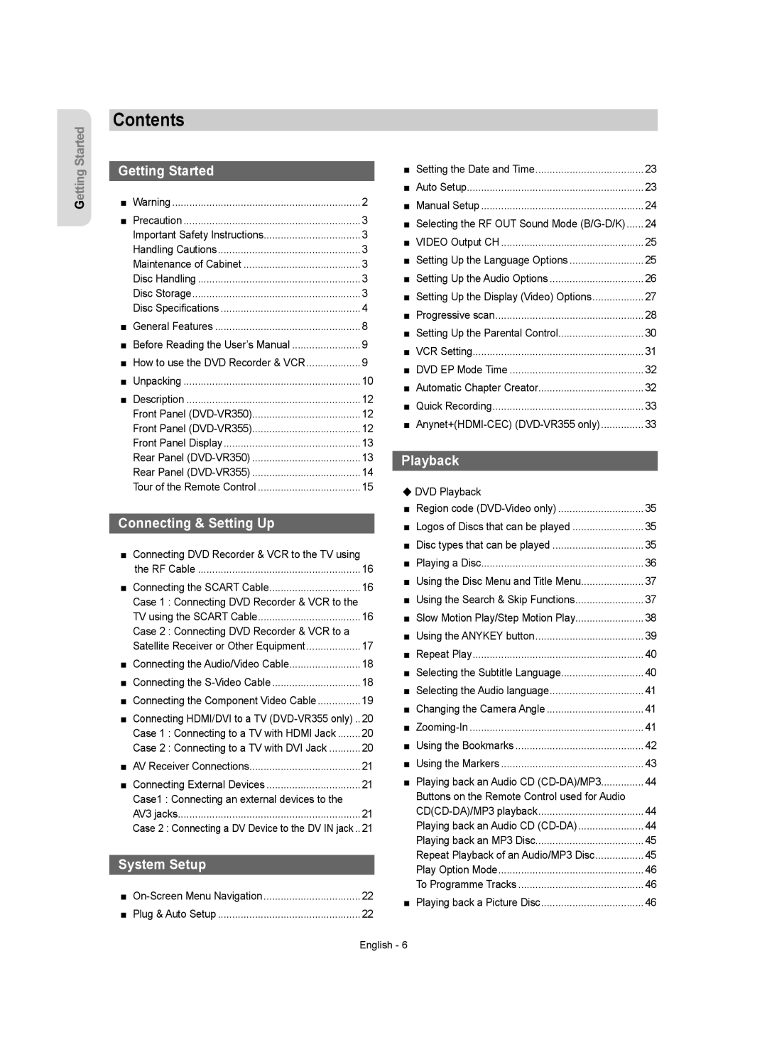 Samsung DVD-VR355/XEC, DVD-VR350/XEC, DVD-VR355/EUR, DVD-VR350/EUR, DVD-VR355/AUS manual Contents 