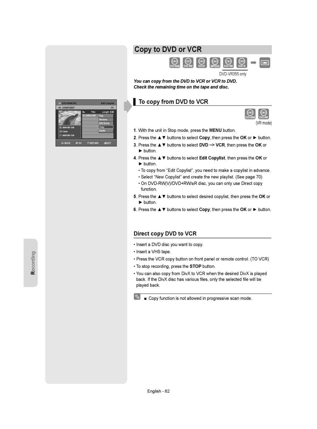 Samsung DVD-VR355/EUR, DVD-VR350/XEC, DVD-VR355/XEC Copy to DVD or VCR, To copy from DVD to VCR, Direct copy DVD to VCR 