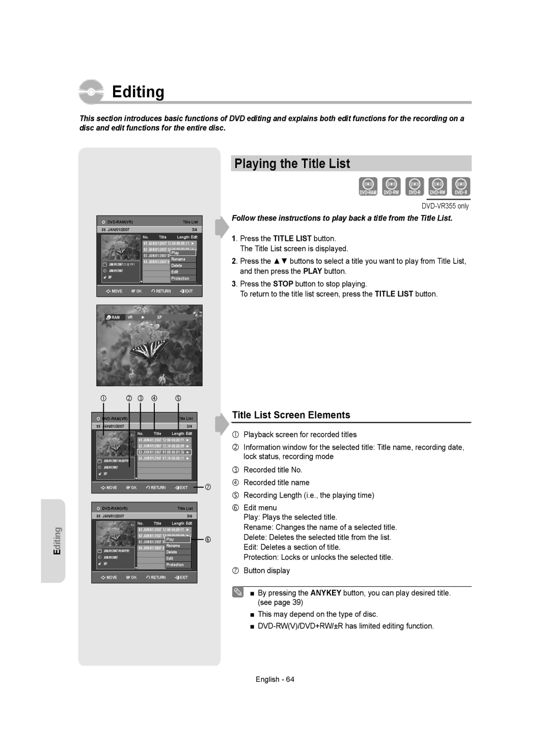 Samsung DVD-VR355/AUS, DVD-VR350/XEC, DVD-VR355/XEC manual Editing, Playing the Title List, Title List Screen Elements 