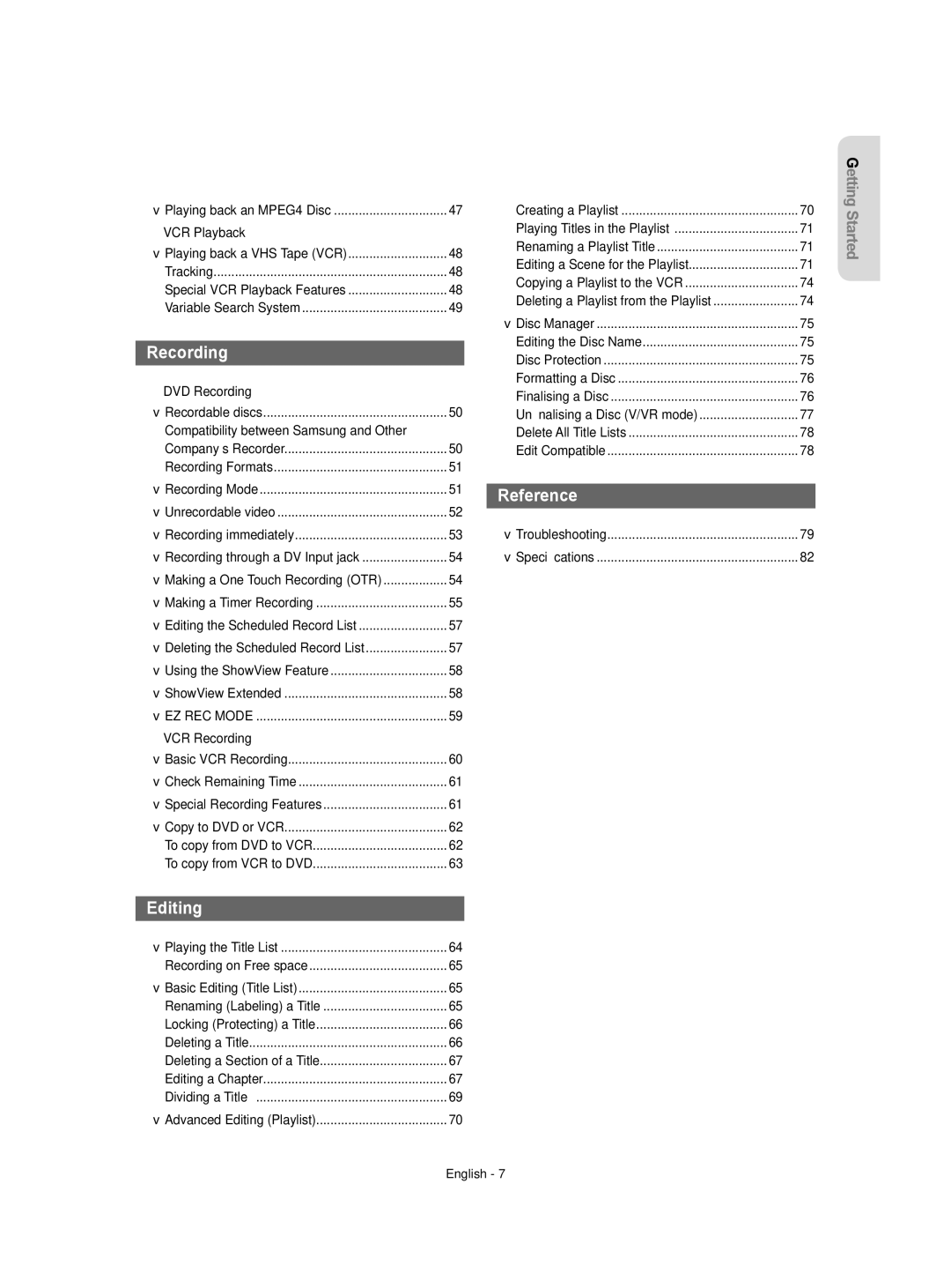 Samsung DVD-VR355/EUR, DVD-VR350/XEC, DVD-VR355/XEC manual ShowView Extended, EZ REC Mode, Troubleshooting Speciﬁcations 