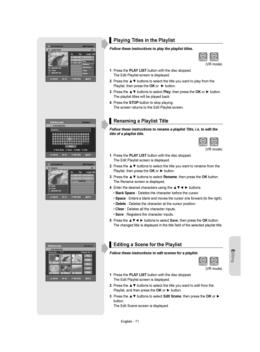 Samsung DVD-VR355/XEC manual Playing Titles in the Playlist, Renaming a Playlist Title, Editing a Scene for the Playlist 