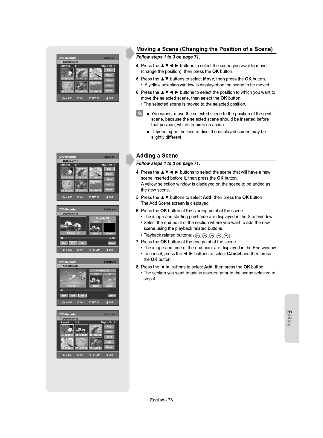 Samsung DVD-VR350/EUR, DVD-VR350/XEC, DVD-VR355/XEC manual Moving a Scene Changing the Position of a Scene, Adding a Scene 