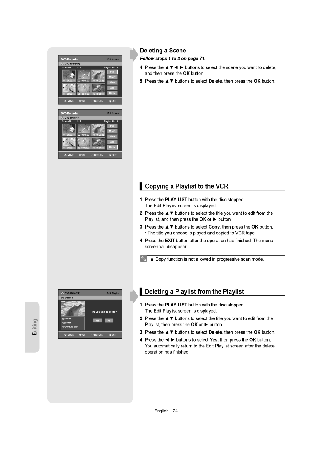 Samsung DVD-VR355/AUS manual Copying a Playlist to the VCR, Deleting a Playlist from the Playlist, Deleting a Scene 