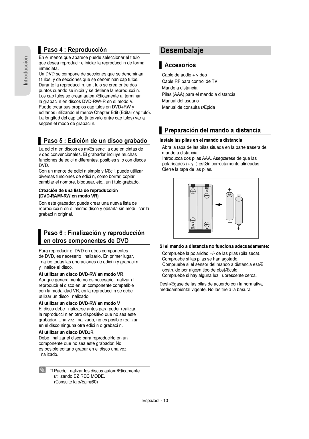 Samsung DVD-VR355/EUR, DVD-VR350/XEC manual Desembalaje, Paso 4 Reproducción, Paso 5 Edición de un disco grabado, Accesorios 