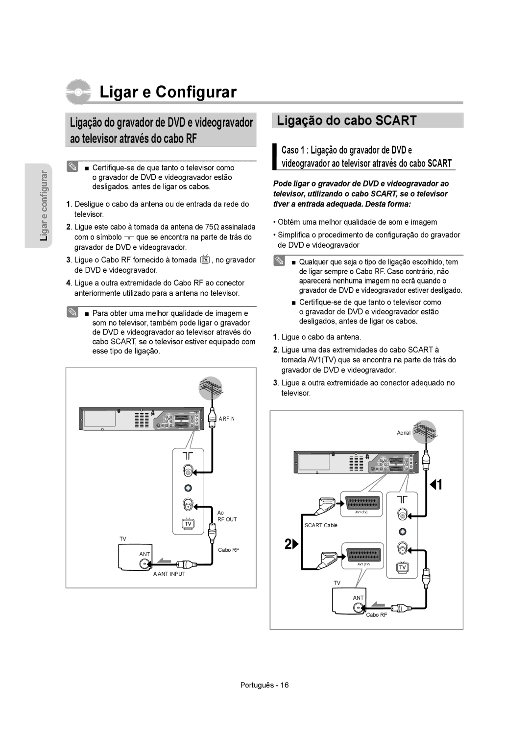 Samsung DVD-VR350/EUR, DVD-VR350/XEC, DVD-VR355/XEC, DVD-VR355/EUR manual Ligar e Conﬁgurar, Ligação do cabo Scart 