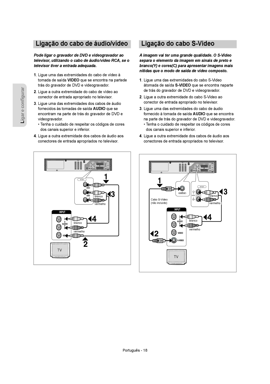 Samsung DVD-VR355/XEC, DVD-VR350/XEC, DVD-VR355/EUR, DVD-VR350/EUR manual Ligação do cabo S-Video 