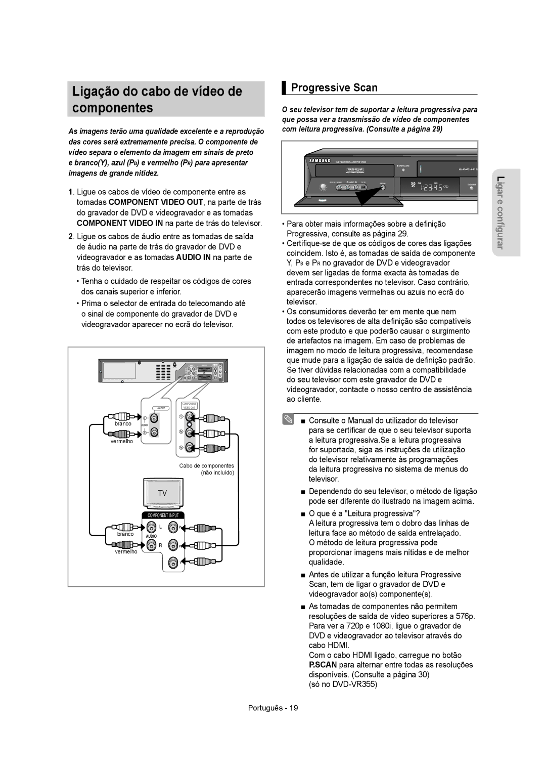 Samsung DVD-VR355/EUR, DVD-VR350/XEC, DVD-VR355/XEC, DVD-VR350/EUR Ligação do cabo de vídeo de componentes, Progressive Scan 