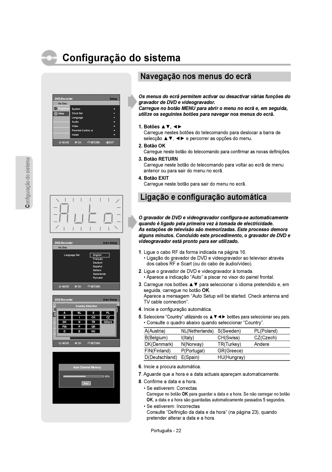 Samsung DVD-VR355/XEC, DVD-VR350/XEC Conﬁguração do sistema, Navegação nos menus do ecrã, Ligação e conﬁguração automática 