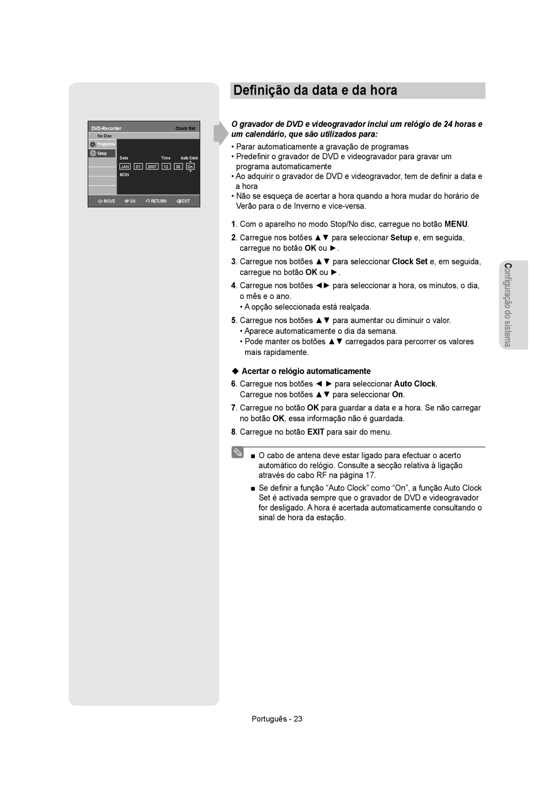 Samsung DVD-VR355/EUR, DVD-VR350/XEC, DVD-VR355/XEC manual Deﬁnição da data e da hora, ‹ Acertar o relógio automaticamente 