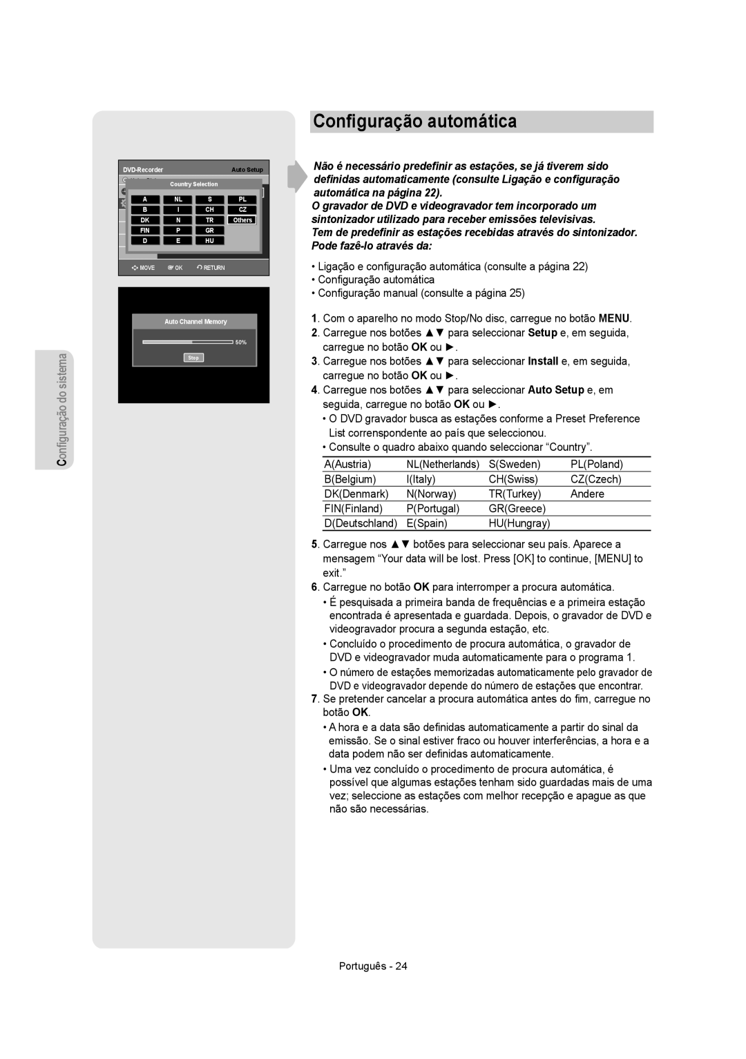 Samsung DVD-VR350/EUR, DVD-VR350/XEC, DVD-VR355/XEC, DVD-VR355/EUR manual Conﬁguração automática 