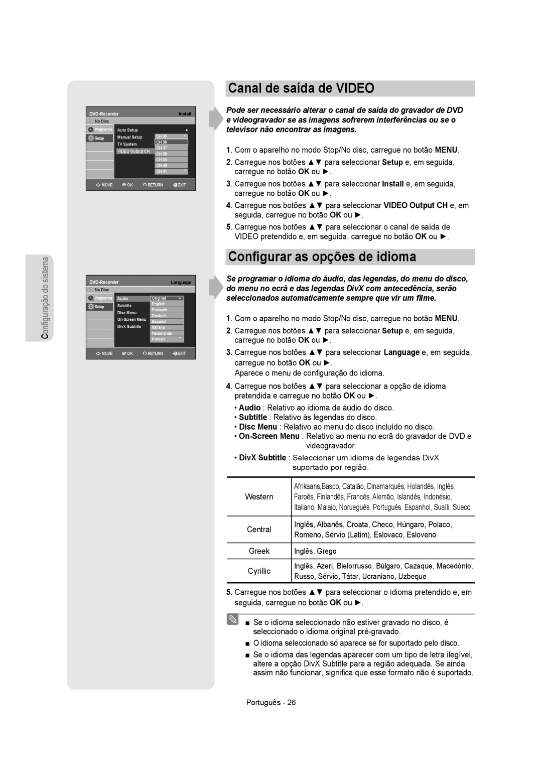 Samsung DVD-VR355/XEC Canal de saída de Video, Conﬁgurar as opções de idioma, Russo, Sérvio, Tátar, Ucraniano, Uzbeque 