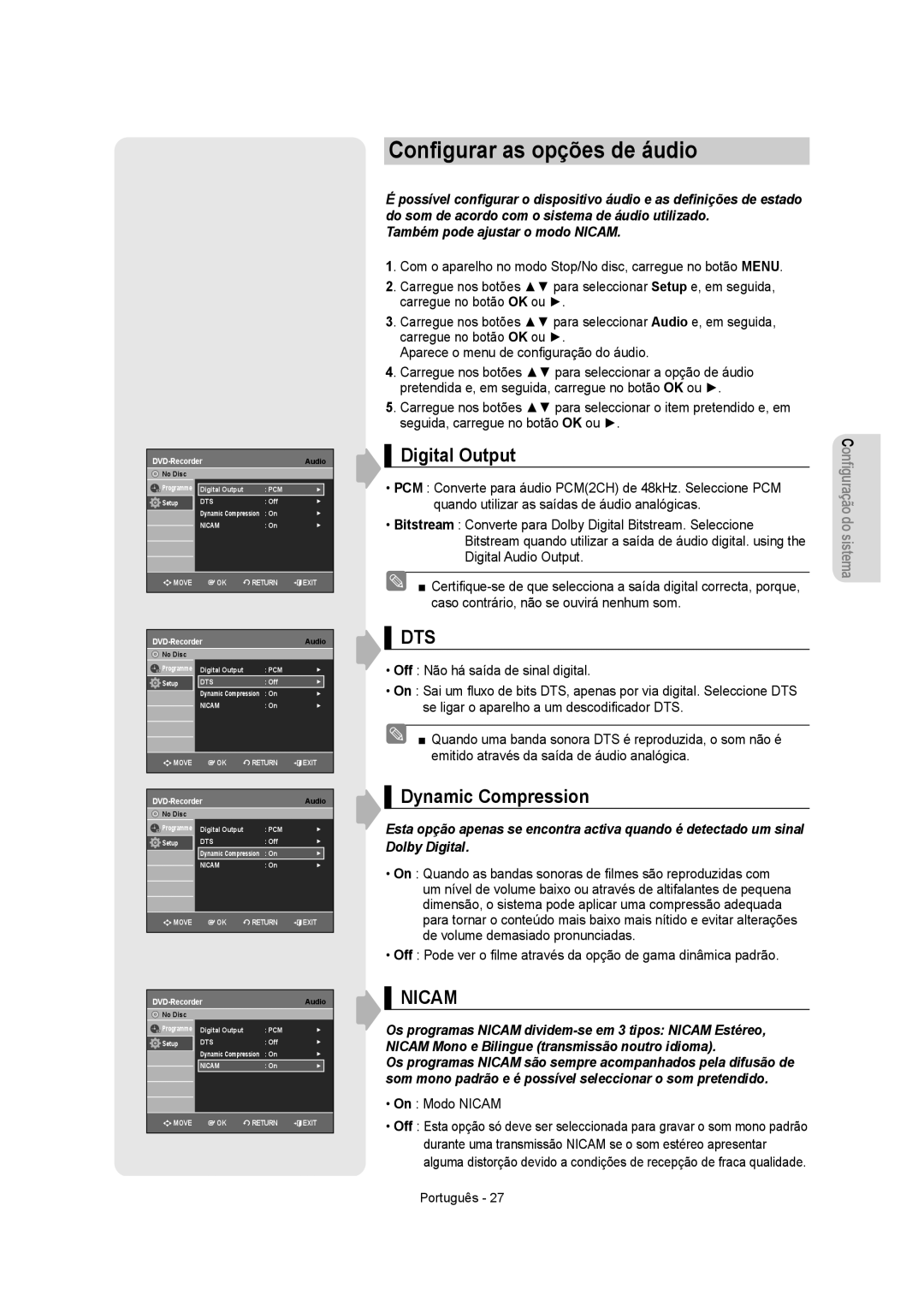 Samsung DVD-VR355/EUR, DVD-VR350/XEC manual Conﬁgurar as opções de áudio, Digital Output, Dynamic Compression, On Modo Nicam 