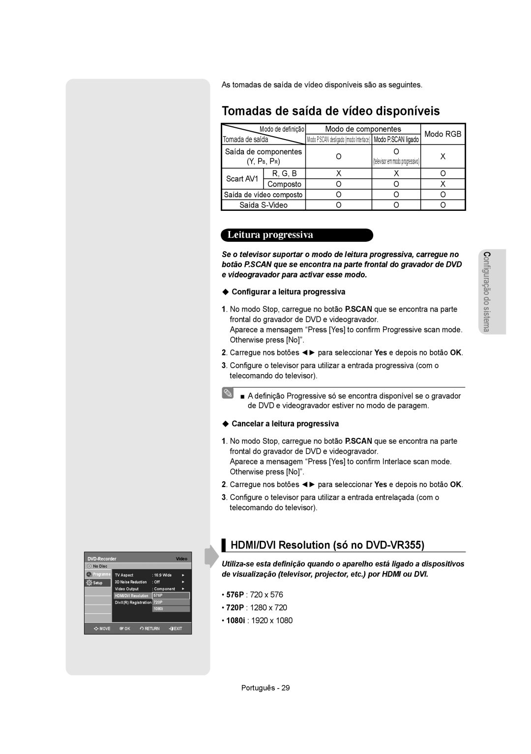 Samsung DVD-VR350/XEC, DVD-VR355/XEC manual Tomadas de saída de vídeo disponíveis, HDMI/DVI Resolution só no DVD-VR355 