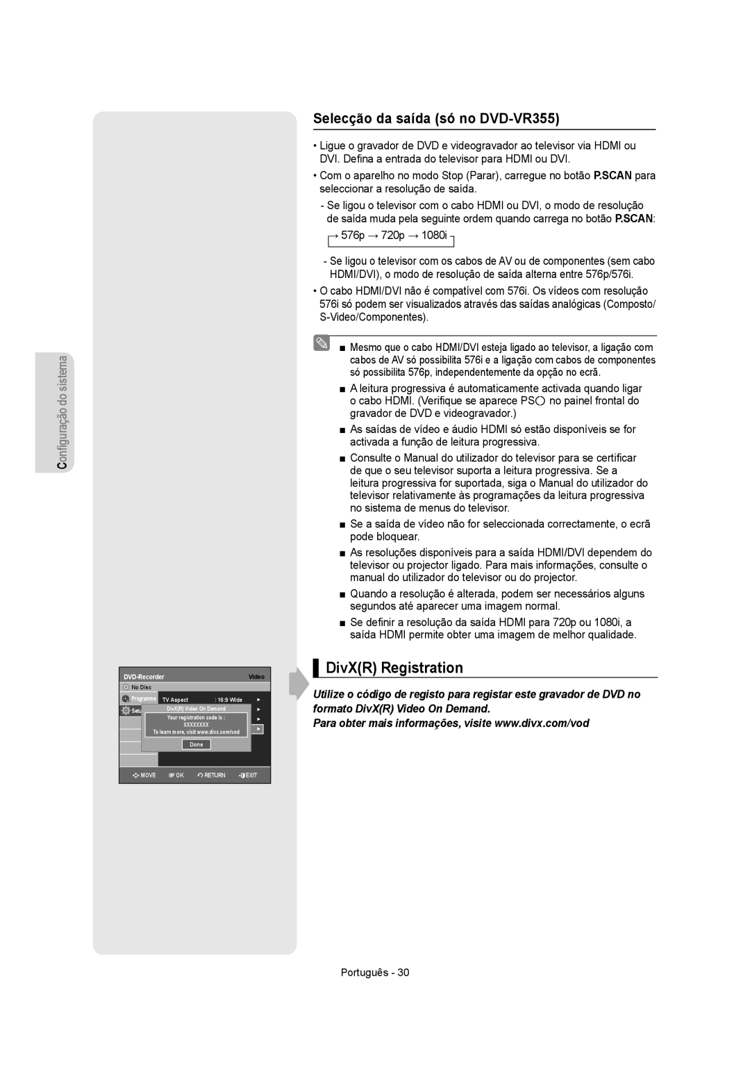 Samsung DVD-VR355/XEC, DVD-VR350/XEC, DVD-VR355/EUR, DVD-VR350/EUR DivXR Registration, Selecção da saída só no DVD-VR355 