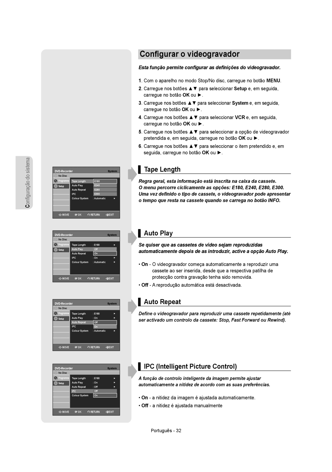 Samsung DVD-VR350/EUR Conﬁgurar o videogravador, Tape Length, Auto Play, Auto Repeat, IPC Intelligent Picture Control 