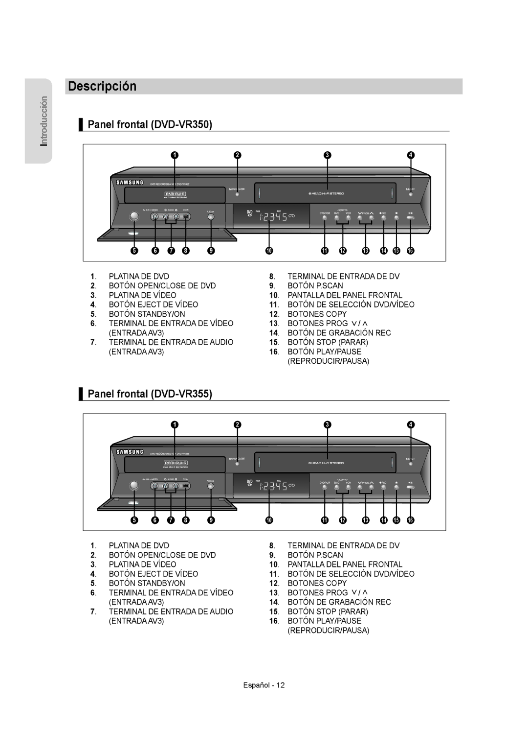 Samsung DVD-VR350/XEC, DVD-VR355/XEC, DVD-VR355/EUR manual Descripción, Panel frontal DVD-VR350, Panel frontal DVD-VR355 