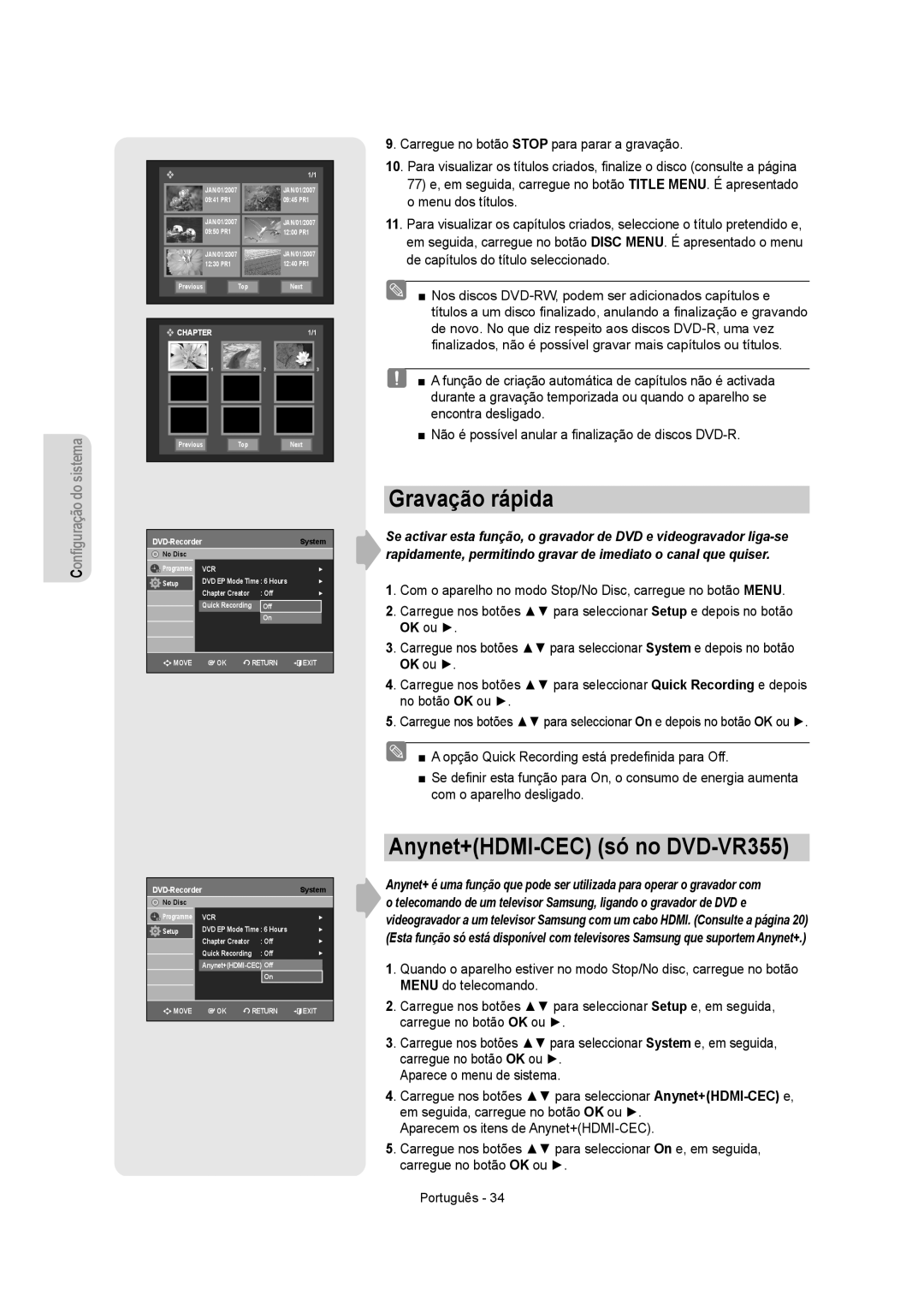 Samsung DVD-VR355/XEC, DVD-VR350/XEC, DVD-VR355/EUR, DVD-VR350/EUR manual Gravação rápida, Anynet+HDMI-CEC só no DVD-VR355 