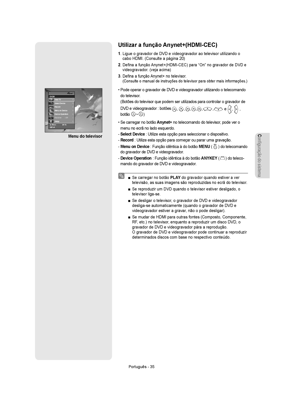 Samsung DVD-VR355/EUR, DVD-VR350/XEC, DVD-VR355/XEC, DVD-VR350/EUR manual Utilizar a função Anynet+HDMI-CEC, Menu do televisor 