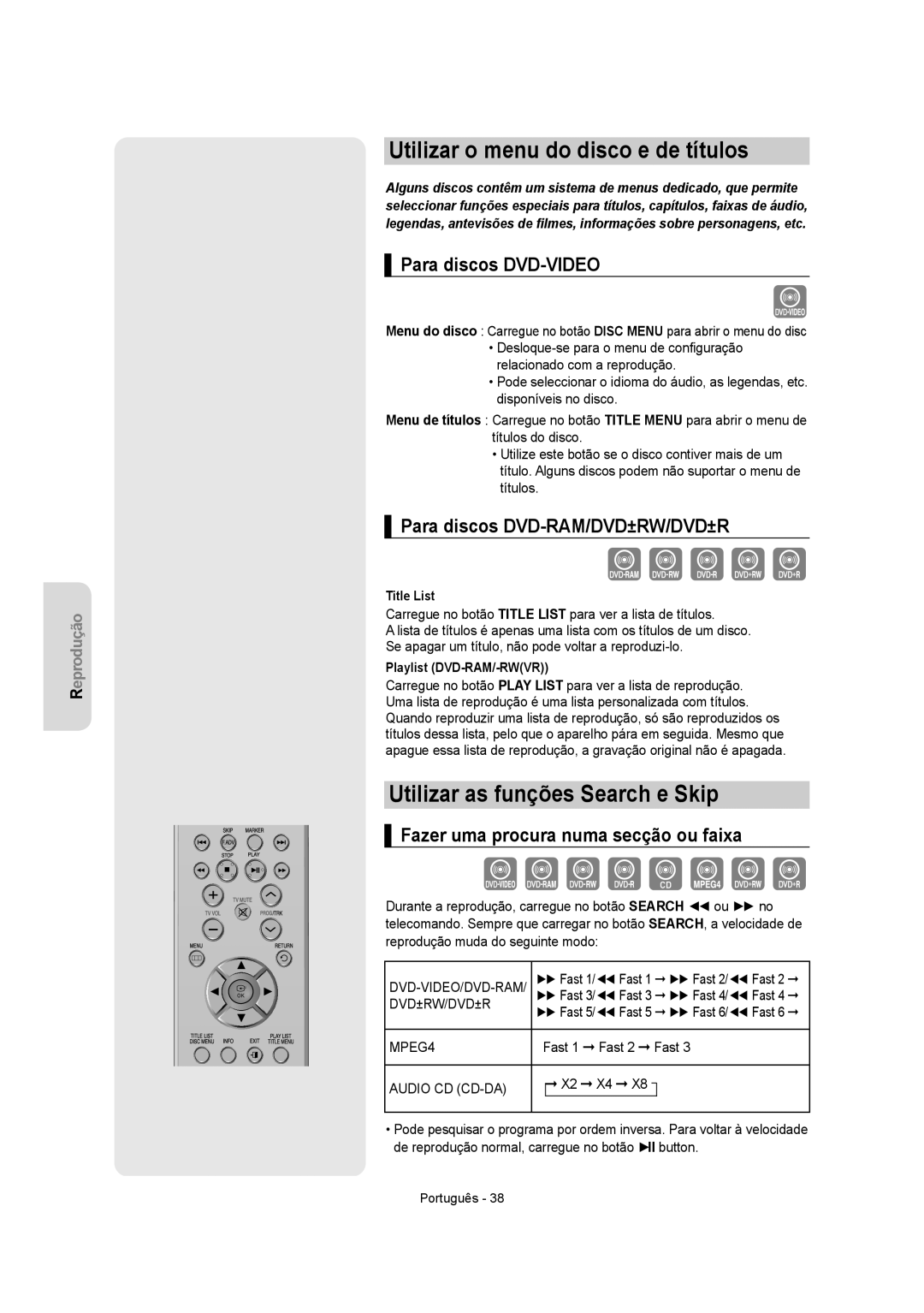 Samsung DVD-VR355/XEC Utilizar o menu do disco e de títulos, Utilizar as funções Search e Skip, Para discos DVD-VIDEO 