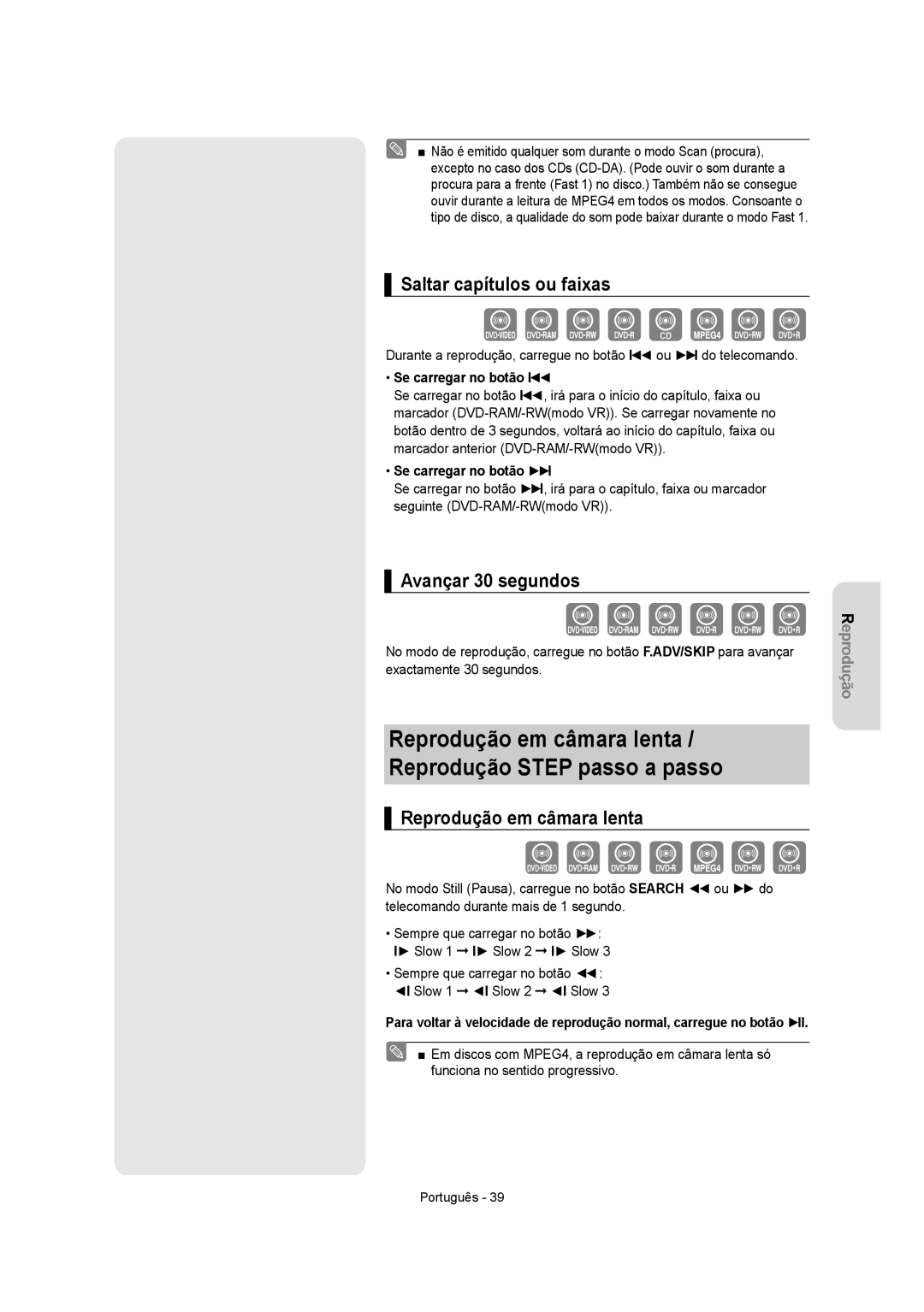 Samsung DVD-VR355/EUR Saltar capítulos ou faixas, Avançar 30 segundos, Reprodução em câmara lenta, Se carregar no botão l 
