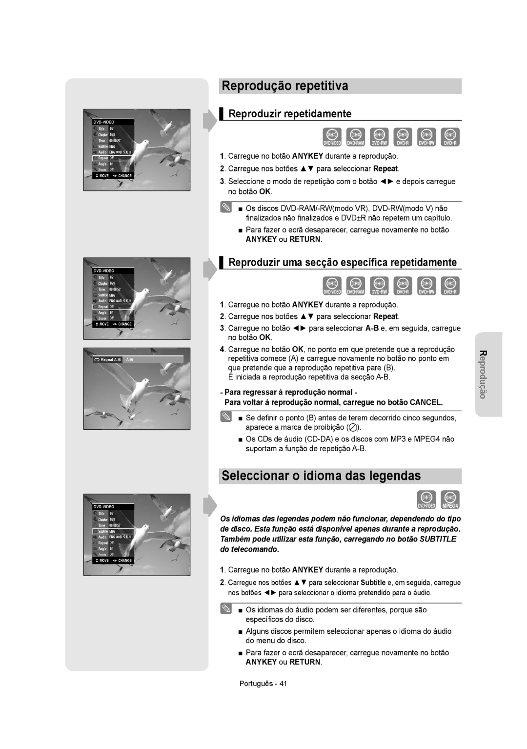 Samsung DVD-VR350/XEC, DVD-VR355/XEC Reprodução repetitiva, Seleccionar o idioma das legendas, Reproduzir repetidamente 