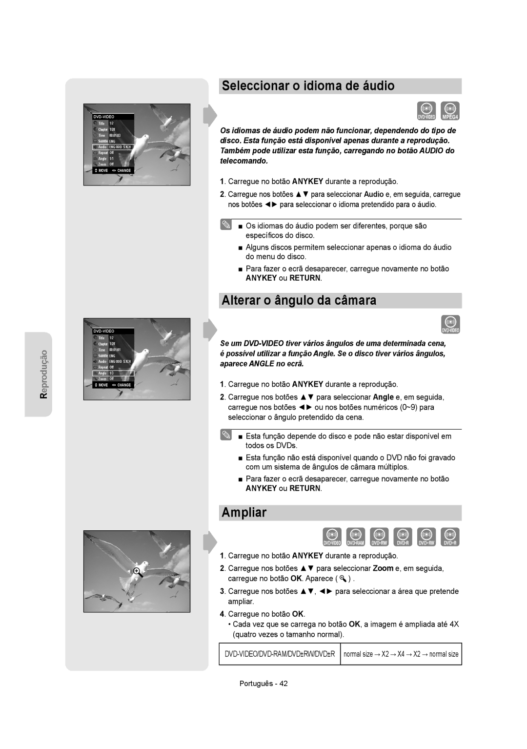 Samsung DVD-VR355/XEC, DVD-VR350/XEC, DVD-VR355/EUR manual Seleccionar o idioma de áudio, Alterar o ângulo da câmara, Ampliar 