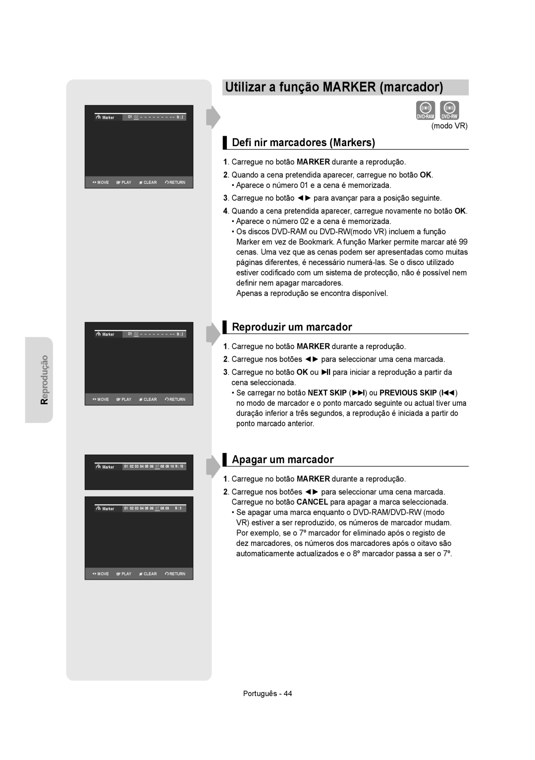 Samsung DVD-VR350/EUR, DVD-VR350/XEC, DVD-VR355/XEC manual Utilizar a função Marker marcador, Deﬁ nir marcadores Markers 