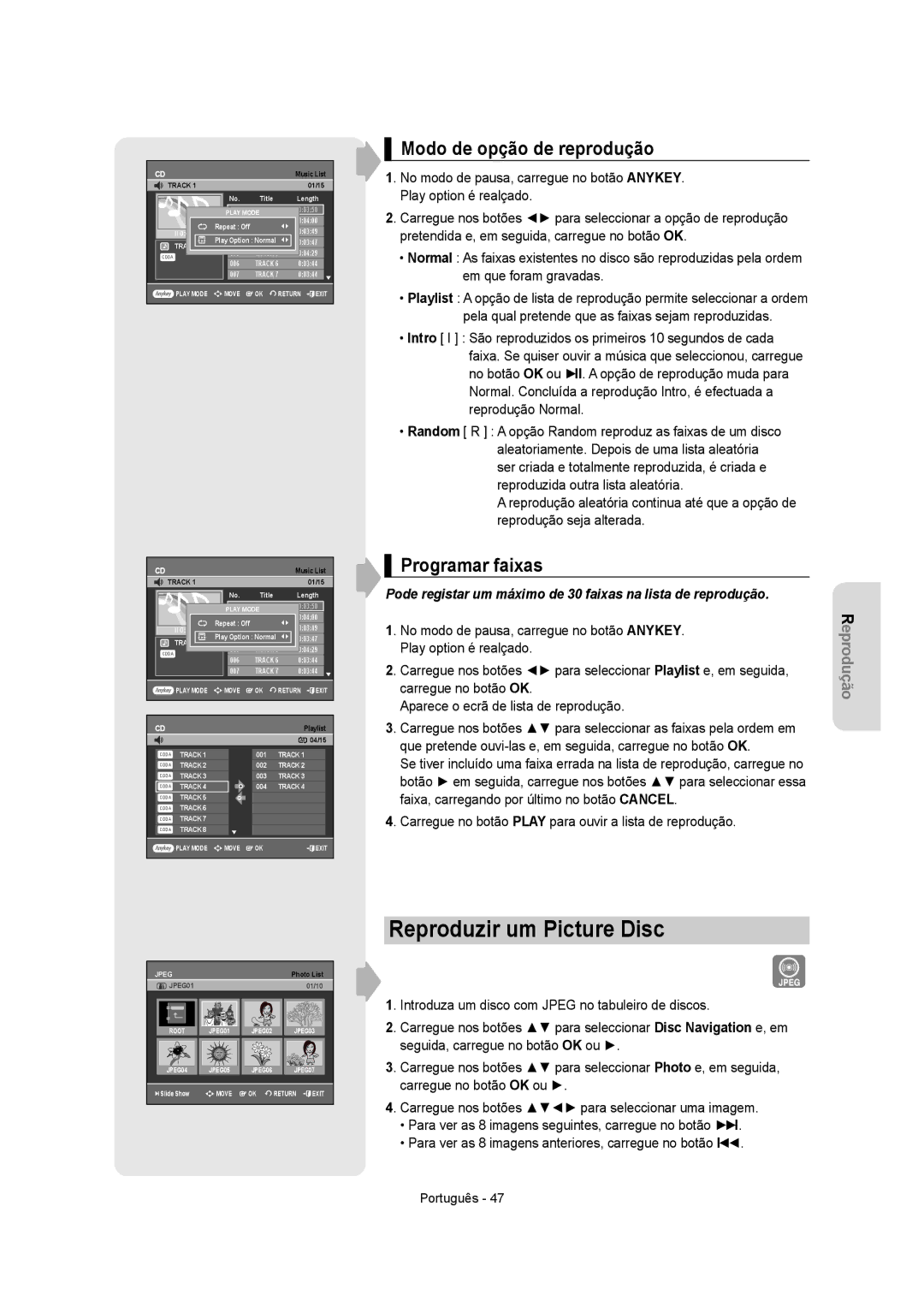 Samsung DVD-VR355/EUR, DVD-VR350/XEC manual Reproduzir um Picture Disc, Modo de opção de reprodução, Programar faixas 