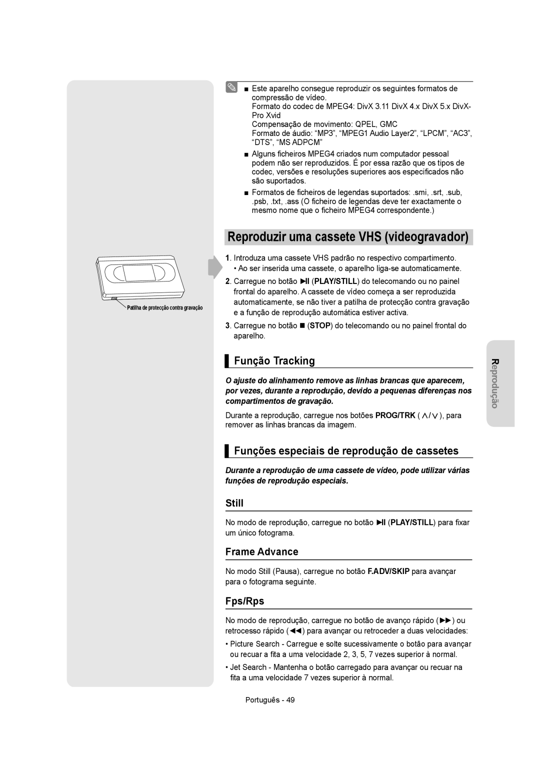 Samsung DVD-VR350/XEC, DVD-VR355/XEC Função Tracking, Funções especiais de reprodução de cassetes, Still, Frame Advance 