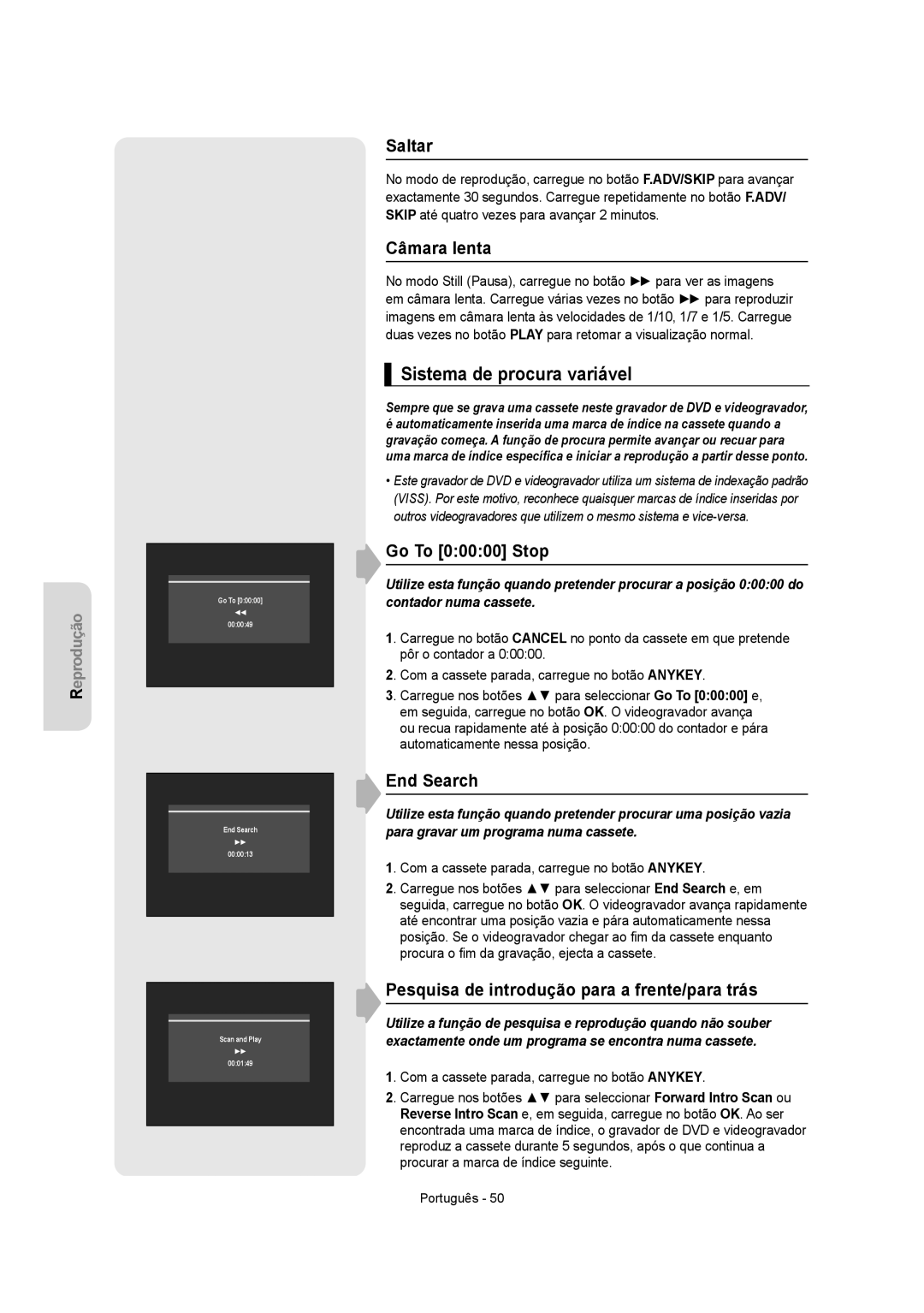 Samsung DVD-VR355/XEC, DVD-VR350/XEC, DVD-VR355/EUR Sistema de procura variável, Câmara lenta, Go To 00000 Stop, End Search 