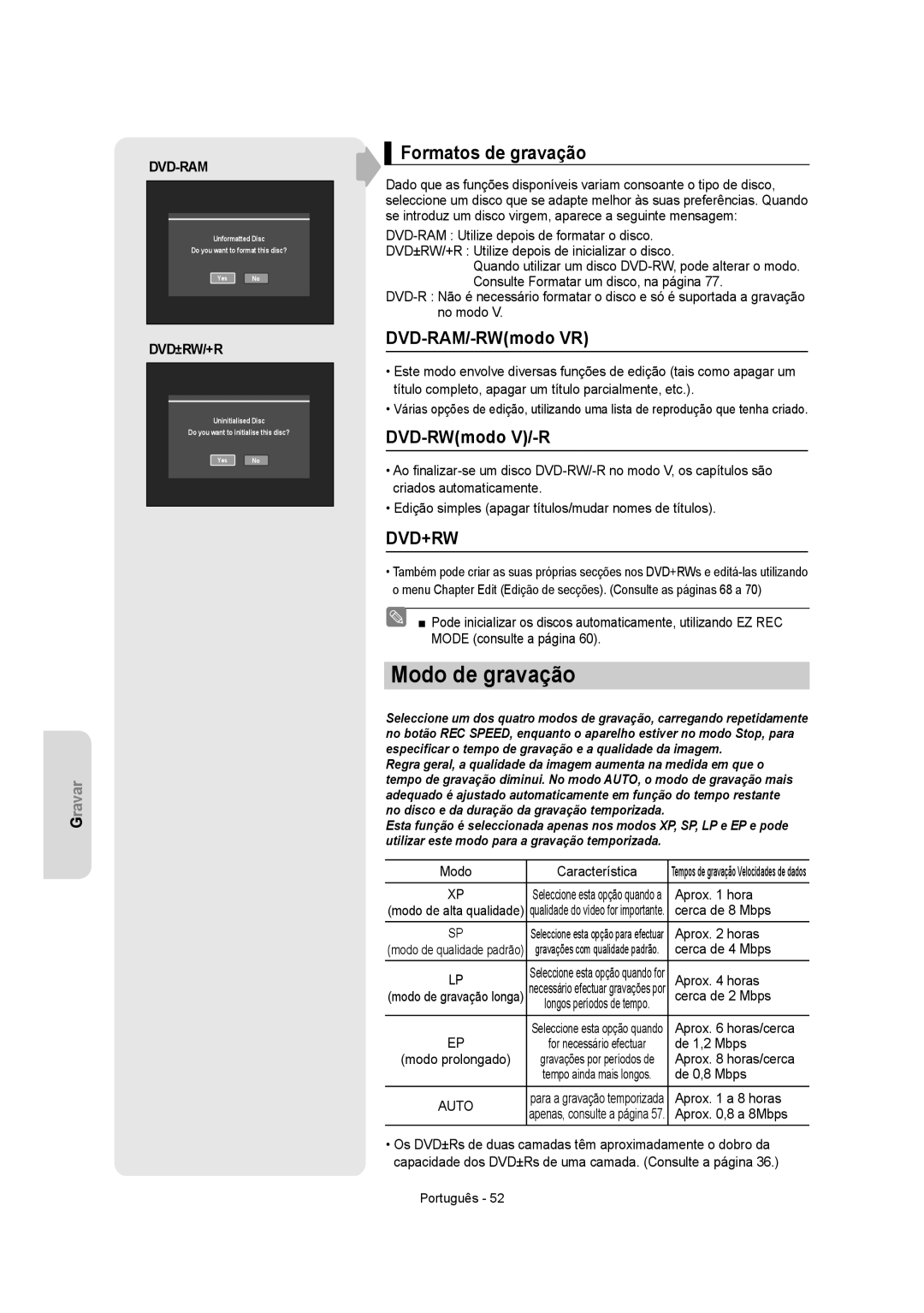 Samsung DVD-VR350/EUR, DVD-VR350/XEC manual Modo de gravação, Formatos de gravação, DVD-RAM/-RWmodo VR, DVD-RWmodo V/-R 