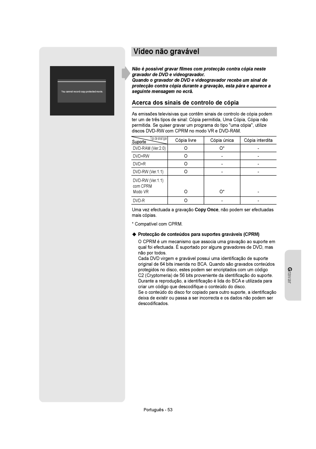 Samsung DVD-VR350/XEC, DVD-VR355/XEC, DVD-VR355/EUR manual Vídeo não gravável, Acerca dos sinais de controlo de cópia, Dvd+Rw 