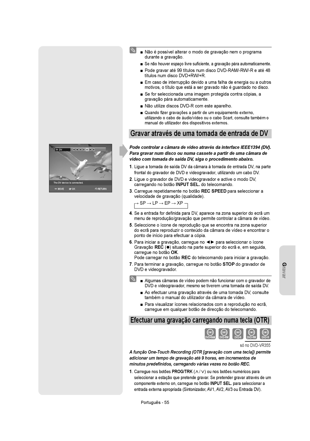 Samsung DVD-VR355/EUR manual Gravar através de uma tomada de entrada de DV, Efectuar uma gravação carregando numa tecla OTR 