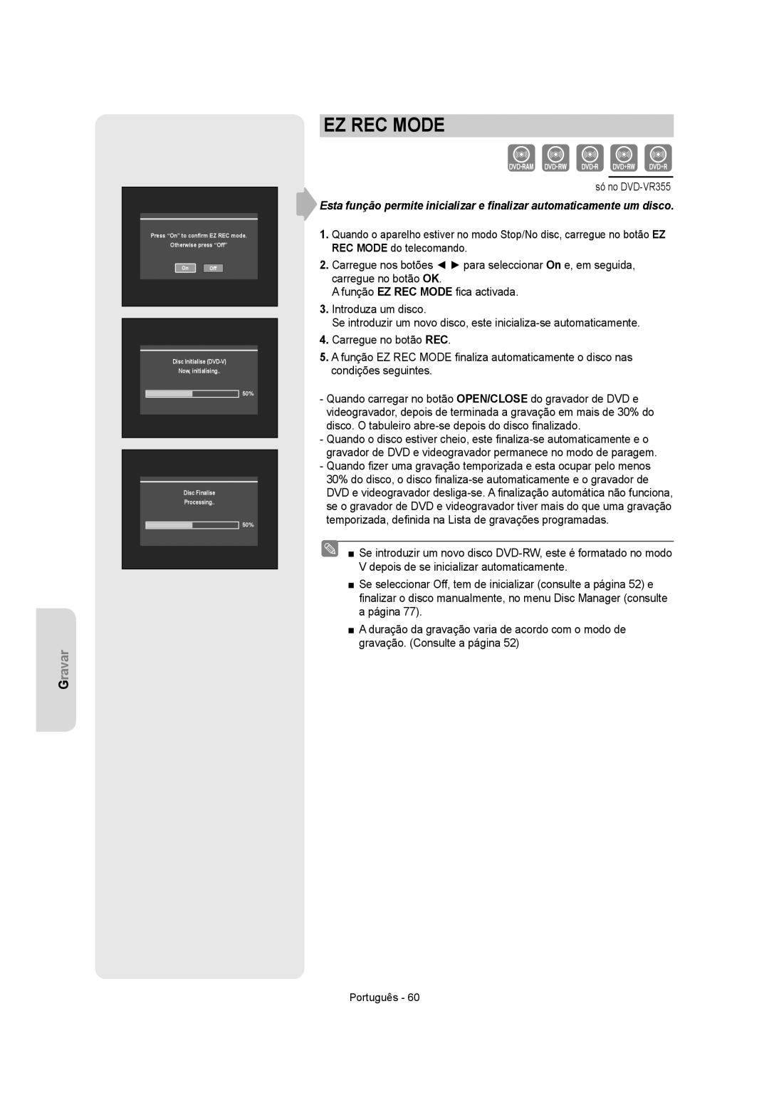 Samsung DVD-VR350/EUR, DVD-VR350/XEC, DVD-VR355/XEC, DVD-VR355/EUR manual Press On to confirm EZ REC mode Otherwise press Off 