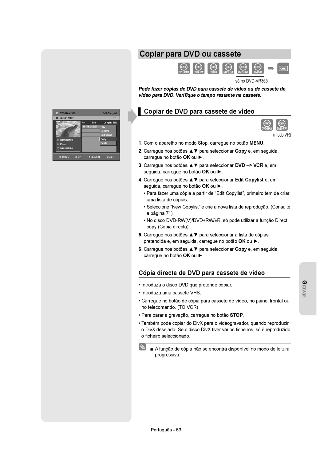 Samsung DVD-VR355/EUR, DVD-VR350/XEC, DVD-VR355/XEC manual Copiar para DVD ou cassete, Copiar de DVD para cassete de vídeo 