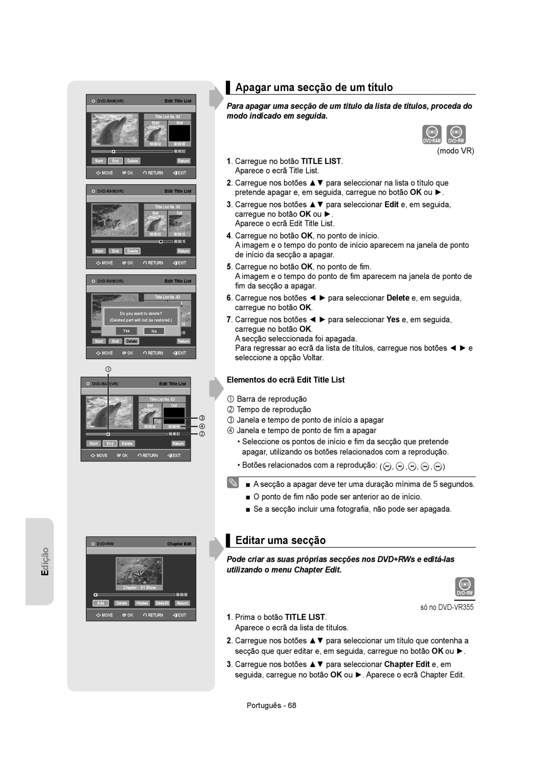 Samsung DVD-VR350/EUR, DVD-VR350/XEC Apagar uma secção de um título, Editar uma secção, Elementos do ecrã Edit Title List 