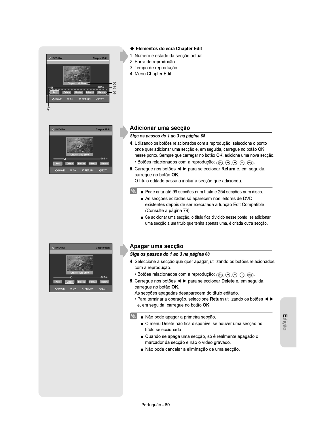 Samsung DVD-VR350/XEC, DVD-VR355/XEC manual Adicionar uma secção, Apagar uma secção, ‹ Elementos do ecrã Chapter Edit 