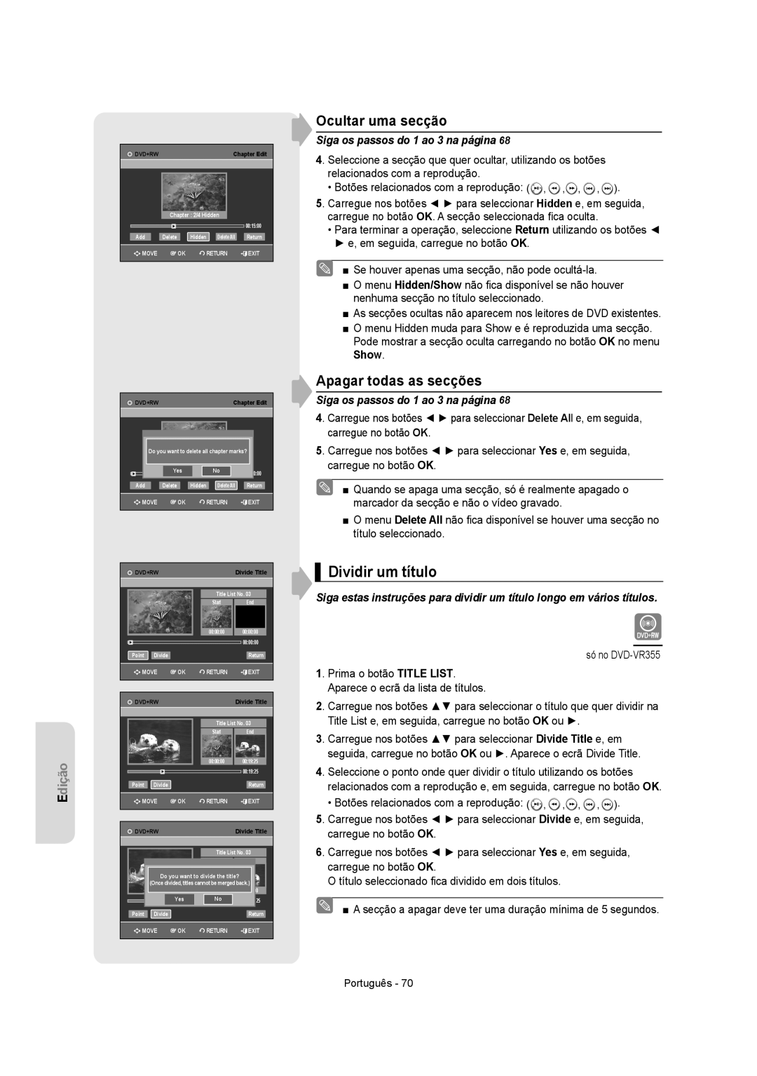 Samsung DVD-VR355/XEC, DVD-VR350/XEC, DVD-VR355/EUR manual Dividir um título, Ocultar uma secção, Apagar todas as secções 