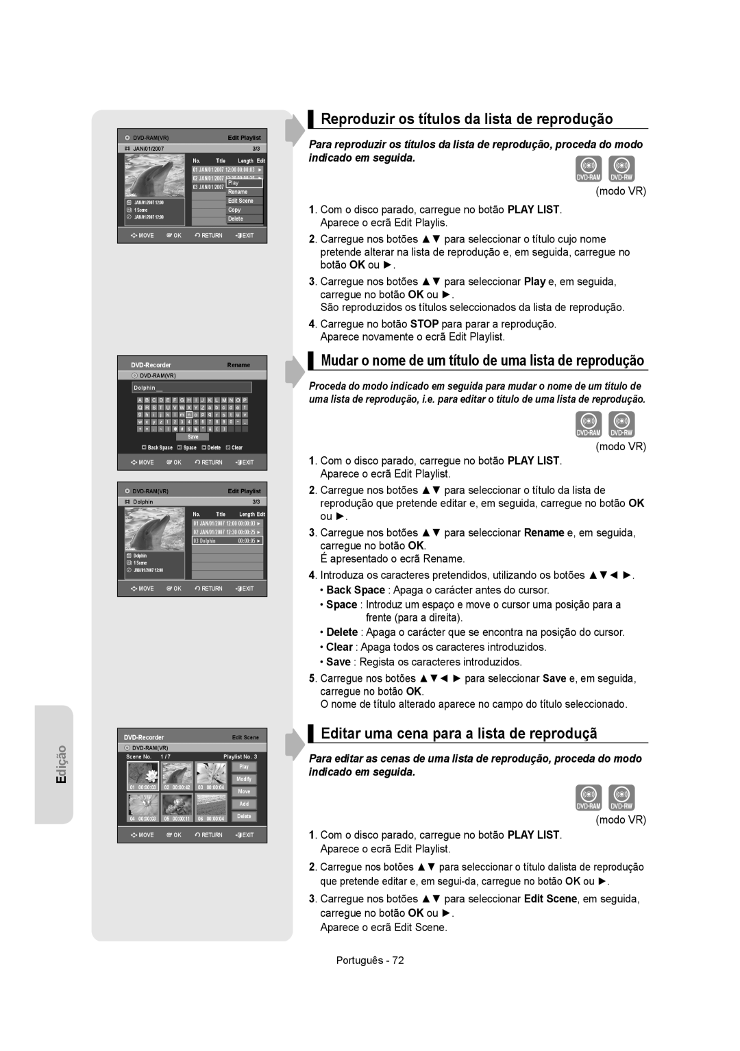 Samsung DVD-VR350/EUR manual Reproduzir os títulos da lista de reprodução, Editar uma cena para a lista de reproduçã 