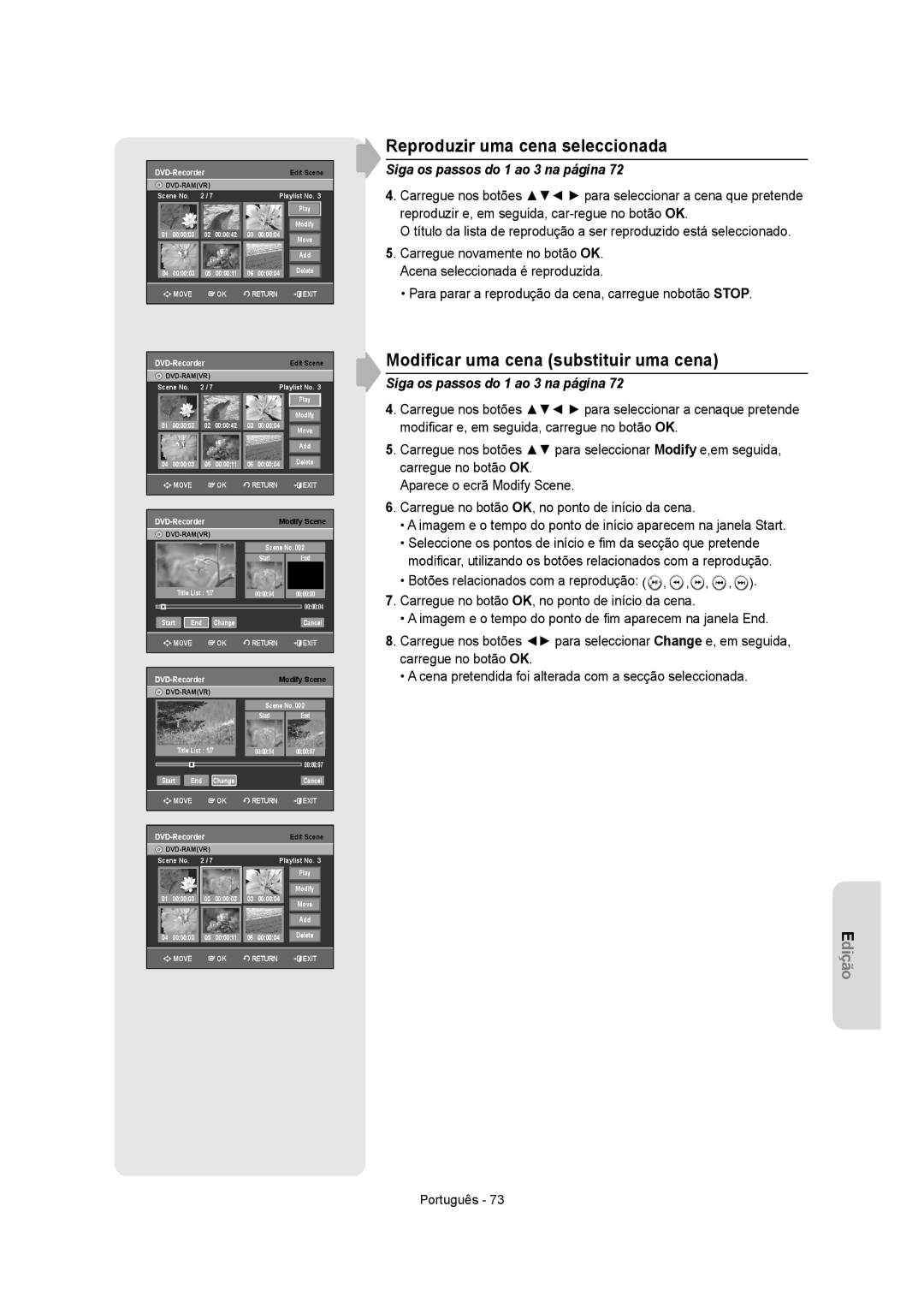 Samsung DVD-VR350/XEC, DVD-VR355/XEC, DVD-VR355/EUR Reproduzir uma cena seleccionada, Modiﬁcar uma cena substituir uma cena 