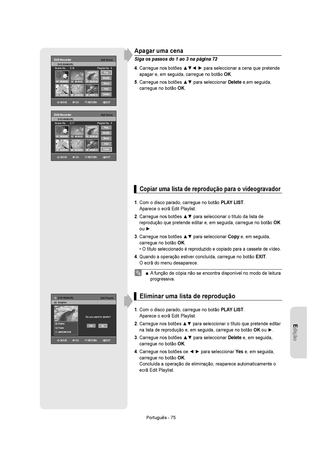 Samsung DVD-VR355/EUR, DVD-VR350/XEC, DVD-VR355/XEC, DVD-VR350/EUR manual Eliminar uma lista de reprodução, Apagar uma cena 